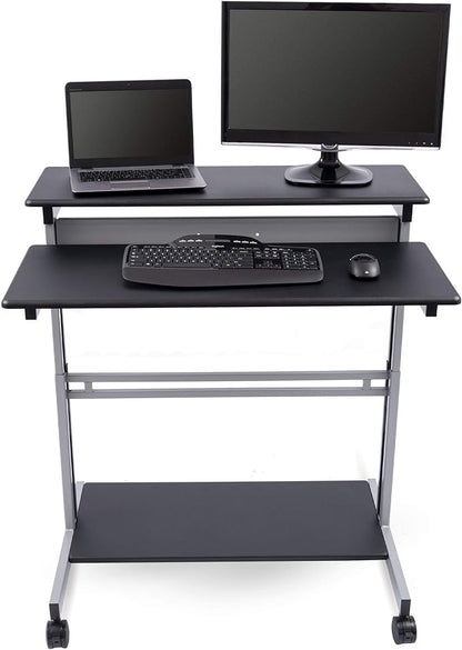 Stand Up Desk Store Rolling Adjustable Height Two Tier Standing Desk Computer Workstation (Silver Frame/Black Top, 40" Wide)