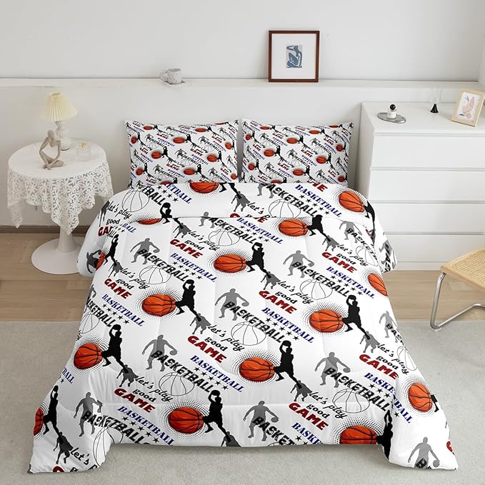 Erosebridal Teen Boys Basketball Bedding Full Size Basketball Player Quilt Set Kids Girls Sports Bed Comforter Set All Season,Soft Lightweight Duvet Set 1 Basketball Comforter and 2 Pillow Cases