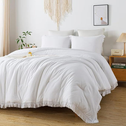 Andency White Comforter Set California King, Boho Tassel Lightweight Bedding Comforter Sets, 3 Pieces All Season Soft Fluffy Fringe Bed Set (104x96In Comforter & 2 Pillowcases)