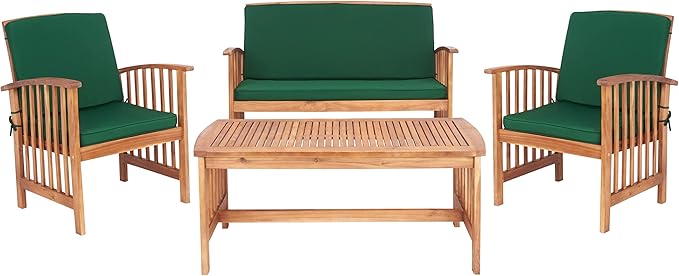SAFAVIEH Outdoor Collection Rocklin Natural/ Green Cushion 4-Piece Conversation Patio Set