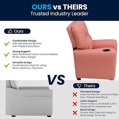 Flash Furniture Chandler Vinyl Kids Recliner with Cup Holder and Safety Recline, Contemporary Reclining Chair for Kids, Supports up to 90 lbs., Pink