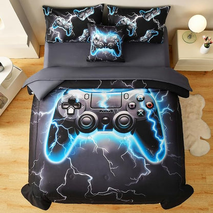 Game Console Twin Comforter Set with Sheets, Microfiber 6 Pcs Bed in A Bag Twin Size Gamer Bedding Set for Boys Kids Teens