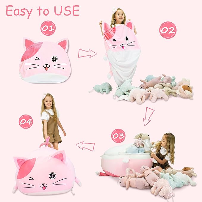 Cute Cat Bean Bag Chair for Kids, Pink Stuffed Animal Storage Beanbag Chairs for Girls Room Decor, Extra Large Size, Velvet Super Soft Cover Only