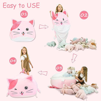 Cute Cat Bean Bag Chair for Kids, Pink Stuffed Animal Storage Beanbag Chairs for Girls Room Decor, Extra Large Size, Velvet Super Soft Cover Only