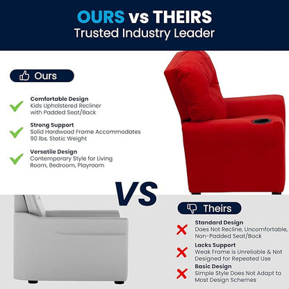Flash Furniture Chandler Microfiber Kids Recliner with Cup Holder and Safety Recline, Contemporary Reclining Chair for Kids, Supports up to 90 lbs., Red