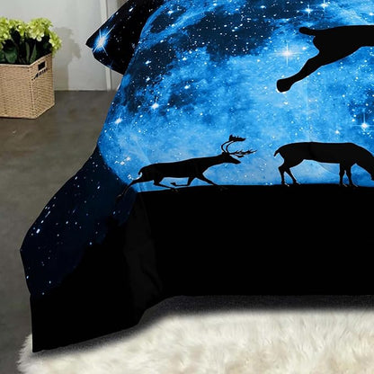 NINENINE Galaxy Deer Comforter Queen Size for Boys Girls Kids,Blue Moonlight Bedding Sets,Outer Space Bedding Set with 1 Comforter 2 Pillowcases