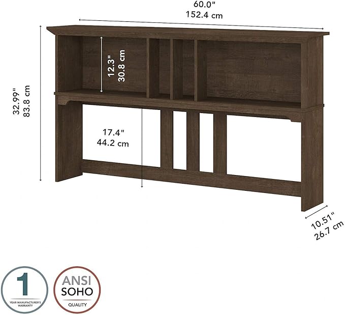 Bush Furniture Salinas Hutch, Desk Attachment with Shelf Storage for Home Office, 60W, Ash Brown