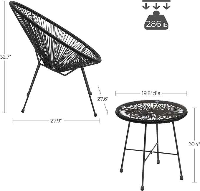 SONGMICS 3-Piece Outdoor Seating Acapulco Chair, Modern Patio Furniture Set, Glass Top Table and 2 Chairs, Indoor and Outdoor Conversation Bistro Set, Ink Black UGGF011B01