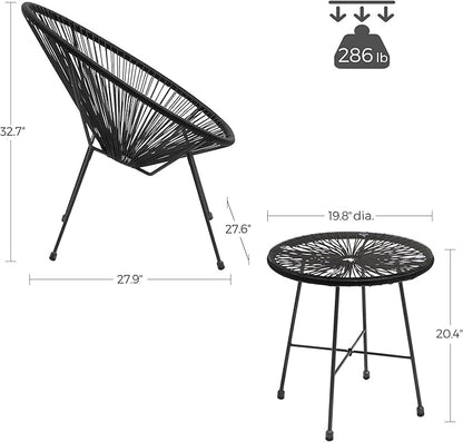 SONGMICS 3-Piece Outdoor Seating Acapulco Chair, Modern Patio Furniture Set, Glass Top Table and 2 Chairs, Indoor and Outdoor Conversation Bistro Set, Ink Black UGGF011B01