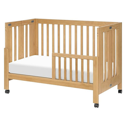 Babyletto Maki Full-Size 2-in-1 Portable Folding Crib with Toddler Bed Conversion Kit in Honey, Greenguard Gold Certified