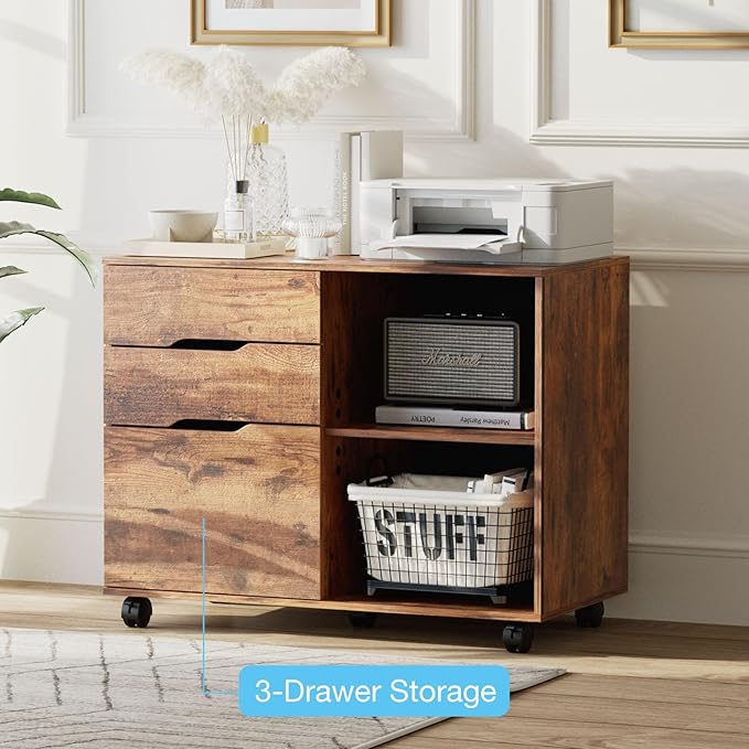 3 Drawer File Cabinet Lateral Printer Stand with Adjustable Storage Shelves for Home Office Small Space, Rustic Brown