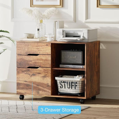 3 Drawer File Cabinet Lateral Printer Stand with Adjustable Storage Shelves for Home Office Small Space, Rustic Brown