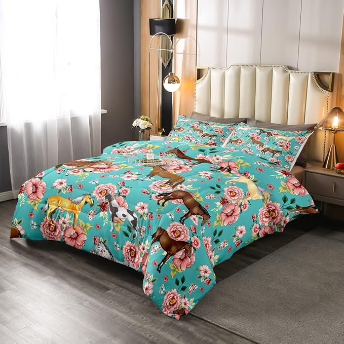 Kids Horse Bedding Set King Size Chic Retro Floral Bedding Comforter Set for Girls Teens Galloping Horse Printed Comforter 3D Wild Farm Animal Duvet Set Bedroom Decor Quilt Set 3Pcs, Green Pink