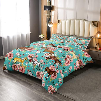 Kids Horse Bedding Set King Size Chic Retro Floral Bedding Comforter Set for Girls Teens Galloping Horse Printed Comforter 3D Wild Farm Animal Duvet Set Bedroom Decor Quilt Set 3Pcs, Green Pink