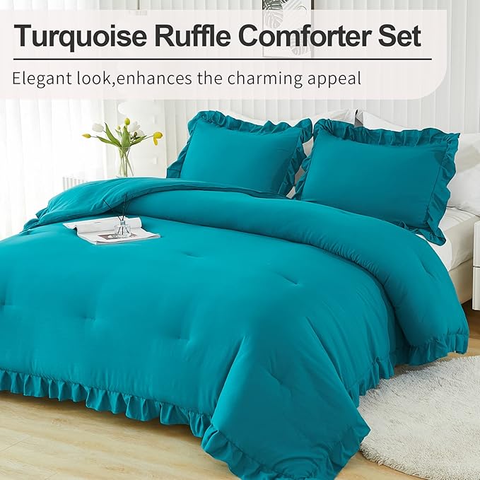 Andency Turquoise King Comforter Set(104x90Inch), 3 Pieces(1 Ruffle Comforter and 2 Pillowcases) Lightweight and Fluffy Bedding Comforter Set, All Season Soft Microfiber Shabby Chic Bedding Set