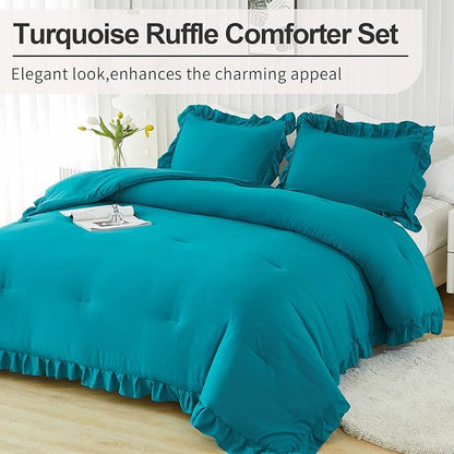 Andency Turquoise King Comforter Set(104x90Inch), 3 Pieces(1 Ruffle Comforter and 2 Pillowcases) Lightweight and Fluffy Bedding Comforter Set, All Season Soft Microfiber Shabby Chic Bedding Set