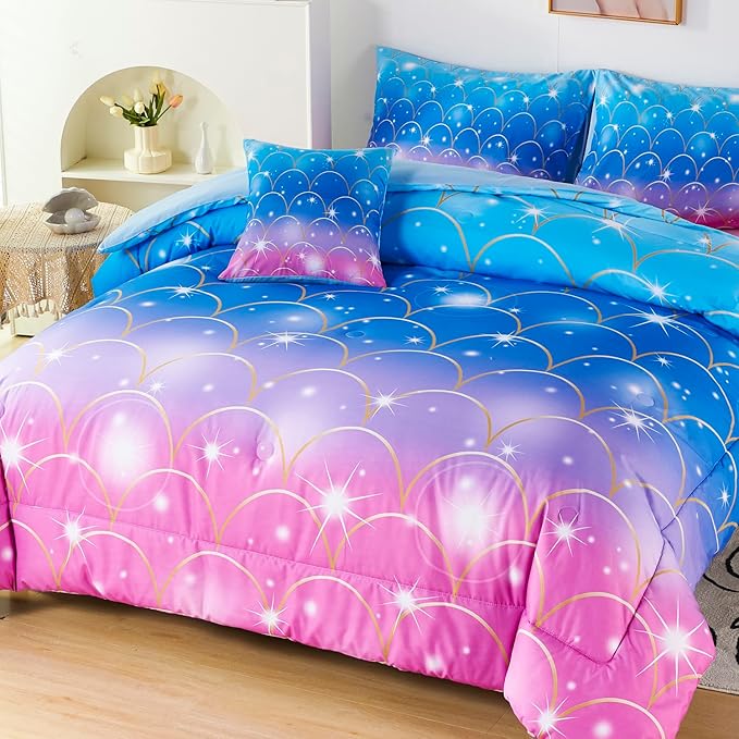 URBONUR 6Pcs Mermaid Comforter Set for Girls Full Size Bed in a Bag Pink Purple Blue Sparkle Glitter Bedding Set Soft All Season Comforter with Sheet Set