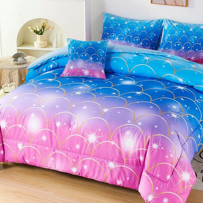 URBONUR 6Pcs Mermaid Comforter Set for Girls Full Size Bed in a Bag Pink Purple Blue Sparkle Glitter Bedding Set Soft All Season Comforter with Sheet Set