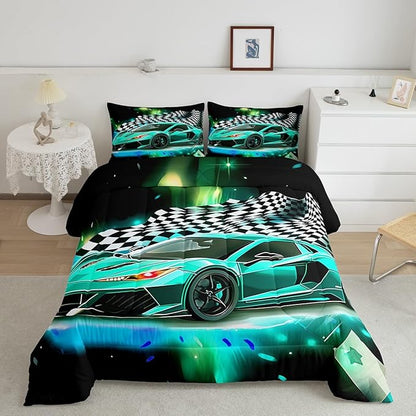 Teal Race Car Comforter Set King Size, Black White Lattice Bedding Set 2pcs for Kids Boys Teens Room Decor,Extreme Sport Games Quilt Set,Cool Modern Duvet Insert with 2 Pillowcases