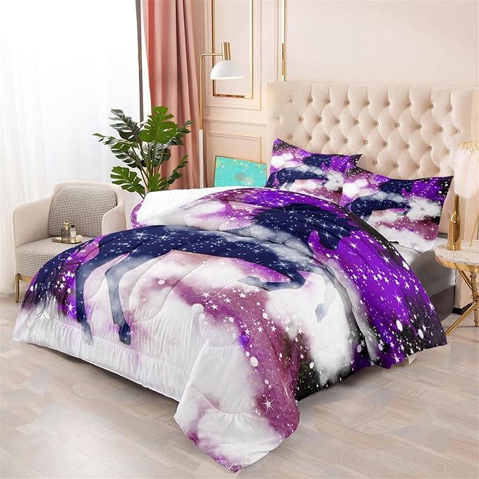 Horse Comforter Full Size Girls Full Bedding Set Purple Galaxy Bed Set Purple Starry Stars Soft Durable Quilt, 3 Piece Full Comforter Set 1 Full Comforter + 2 Pillowcases