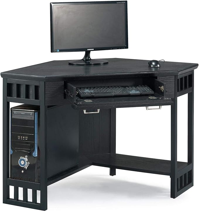 Leick Home 83430 Corner Computer/Writing Desk with Center Keyboard Drawer and Shelf, Black Oak