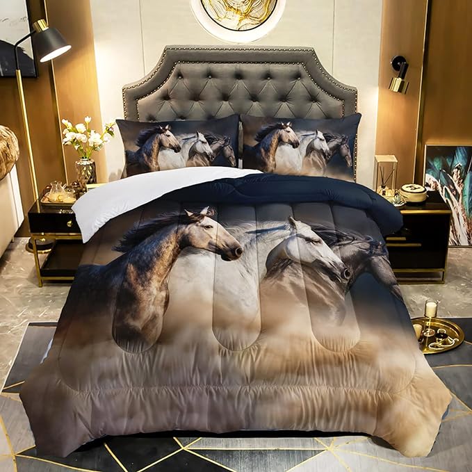 Horse Comforter Full Size,Galloping Horse Comforter Set for Kids Teens Girls Boys,3Pcs Bedding Set Printed Comforter with 2 Pillowcases,Soft and Lightweight，Full Size