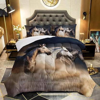 Horse Comforter Full Size,Galloping Horse Comforter Set for Kids Teens Girls Boys,3Pcs Bedding Set Printed Comforter with 2 Pillowcases,Soft and Lightweight，Full Size