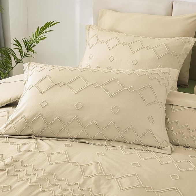 EMME Queen Comforter Set - 7 Pcs Beige Boho Bedding Sets, Full Size Tufted Comforter with Sheets, Shabby Chic Embroidery Queen Bed Set Fluffy Bed Bag for All Season(90"X90")