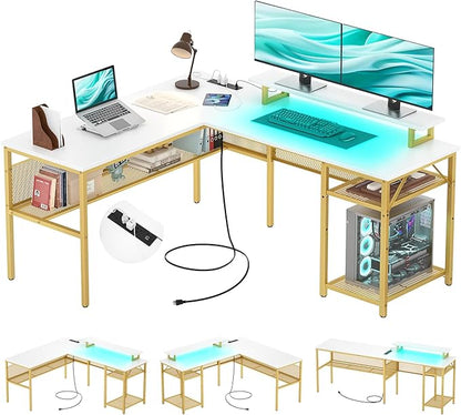 Reversible L Shaped Computer Desk with Power Outlet & Monitor Stand, 55 Inch Office Desk with RGB LED Light, Sturdy Corner Desk with Storage Shelf, Gaming Table, Easy to Assemble, White