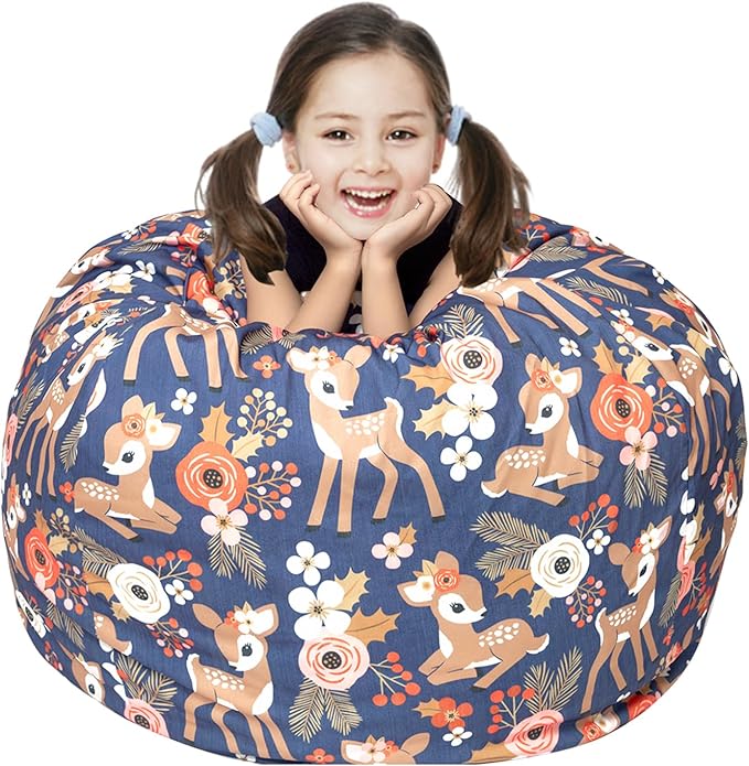 Stuffed Animal Storage Bean Bag Chair Cover, Hold Kids Plush Toys Blankets Towels Beanbag (Cover Only), Canvas Floor Circle Stuff Sit Seat Sofa with YKK Zipper, Extra Large 38", Fawn