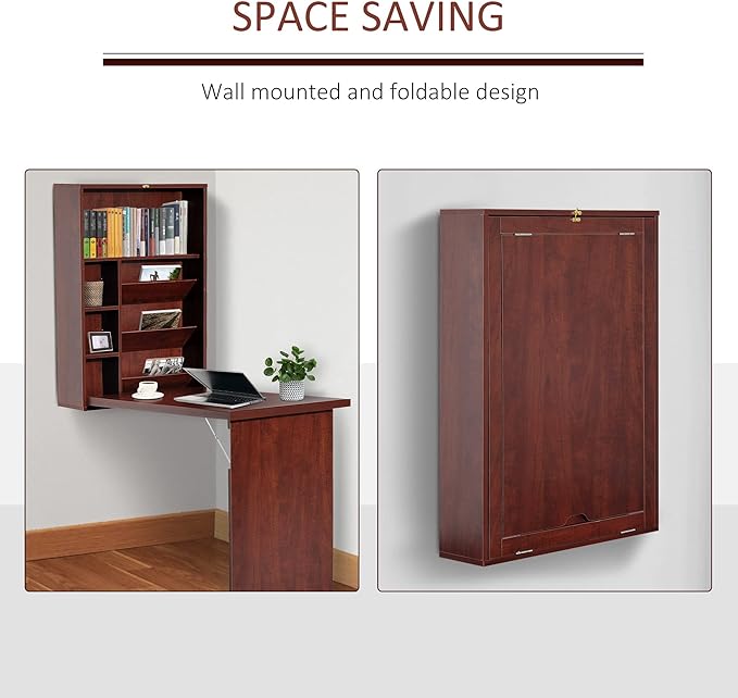 HOMCOM Compact Fold Out Wall Mounted Convertible Desk with Storage, Mahogany