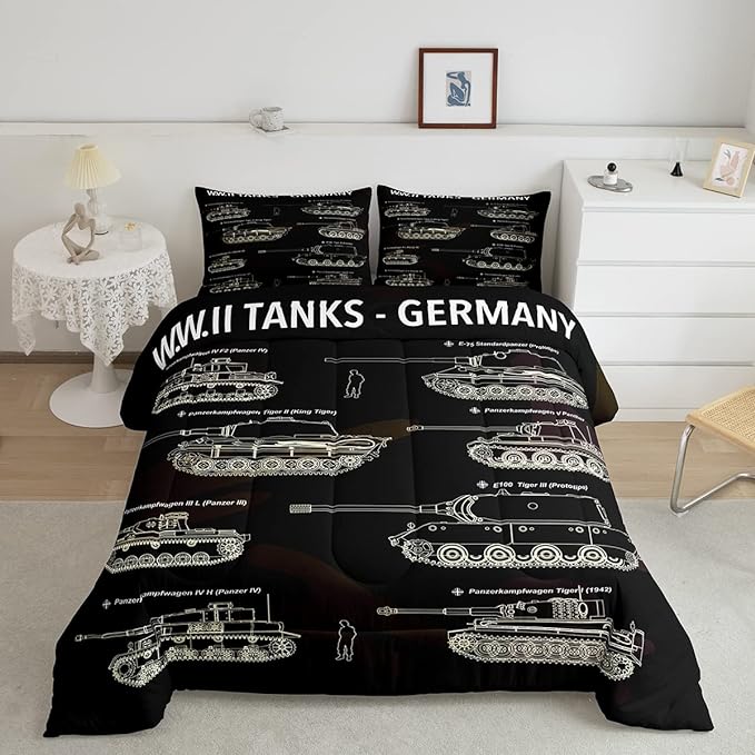 Tank Comforter Set Full, War Theme Bedding Set, Soldier Dirt Bike Camouflage Army Acting Down Comforter For Kid Boy Teen Men,Camo Vintage Style Quilt Set, Military Vehicle Duvet Set Room Decor