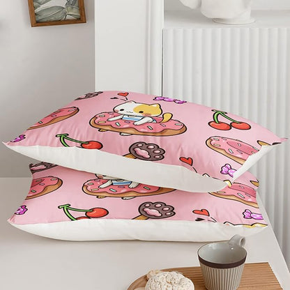 Kawaii Cat Comforter King Size,Doughnut Cherry Cat Comforter Set for Kids Teens Girls,3Pcs Bedding Set Printed Comforter with 2 Pillowcases,Soft and Lightweight(Pink，King Size)