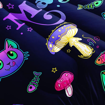 Datura home Mushroom Cat Kids Comforter Bedding Set for Boys Girls, Cartoon Mixed Color Mushroom and Cute Cat Fishbone Pattern Comforter with 2 Pillowcases(Mushroom Cat Full)