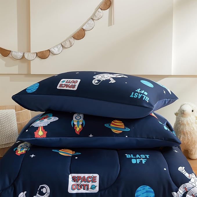 beeweed 5 Piece Kid Comforter Set Twin Size, Space Rocket & Astronaut Bedding Set for Teen Boys Girls