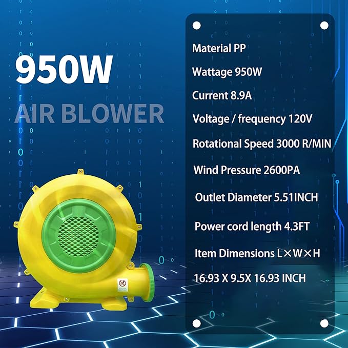 Air Blower 950 Watts with 4M Wire, 2600Pa Pump Fan Commercial Inflatable Bounce House Blower, Used for Inflatable Bouncy Castle and Jump Slides (950W,1.25HP)