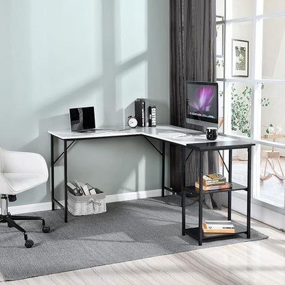 FurnitureR L-Shaped 58.3''Corner Computer Desk with Storage Shelf Long Gaming Desk for Home Office PC Workstation Saving Space Laptop Table (White and Black)