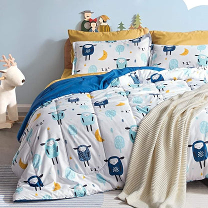 SLEEP ZONE Kids Bedding Comforter Set Full/Queen Size - Super Cute & Soft Kids Bedding 7 Pieces Set with Comforter, Sheet, Pillowcase & Sham (Blue Sheep)