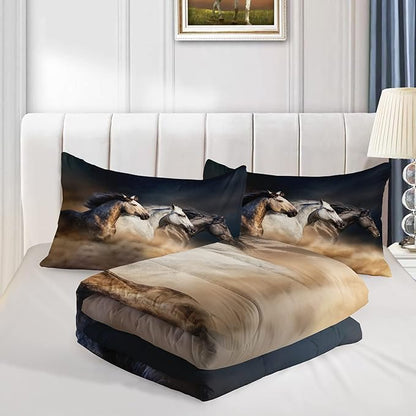 Horse Comforter Full Size,Galloping Horse Comforter Set for Kids Teens Girls Boys,3Pcs Bedding Set Printed Comforter with 2 Pillowcases,Soft and Lightweight，Full Size