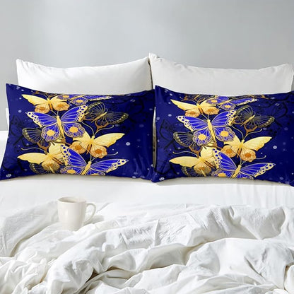 Butterfly Full Size Comforter Sets for Girls, Gold Blue Butterfly Bedding Sets Full Bedding Set for Adults Soft lightweight Bed Quilt Sets, 3 Piece 1 Comforter + 2 Pillowcases