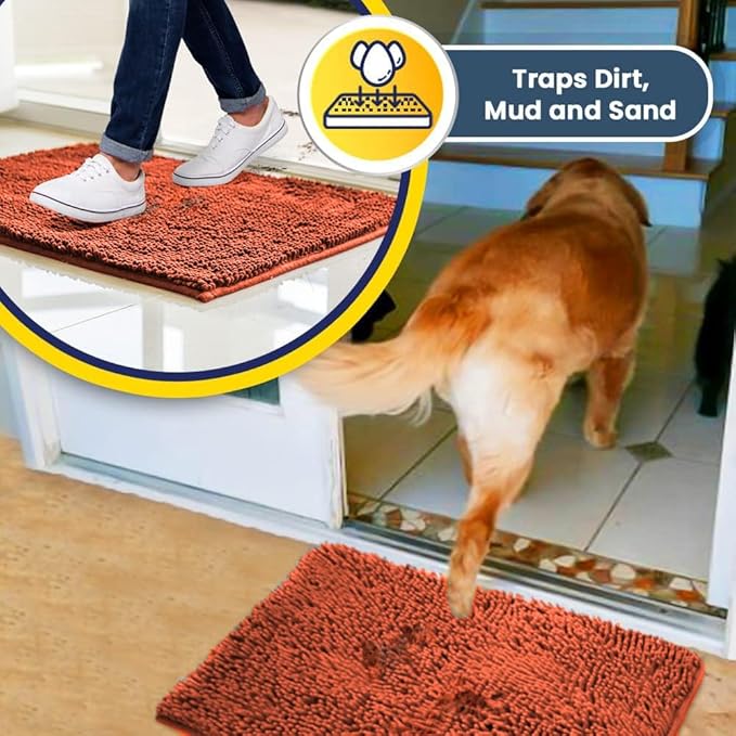 Muddy Mat® Shown on TV – Super Absorbent Microfiber Dog Door Mat for Muddy Paws, Non-Slip Washable Pet Rug, Quick Dry Chenille Entryway Carpet, Machine Washable Indoor Outdoor mat, Orange 59"x35"