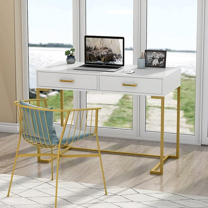 Tribesigns 40 Inch Computer Desk, White and Gold Desk with 2 Drawers, Modern Simple Home Office Desk, Gold Writing Desk Study Table for Bedroom, Modern Makeup Vanity Desk for Small Spaces