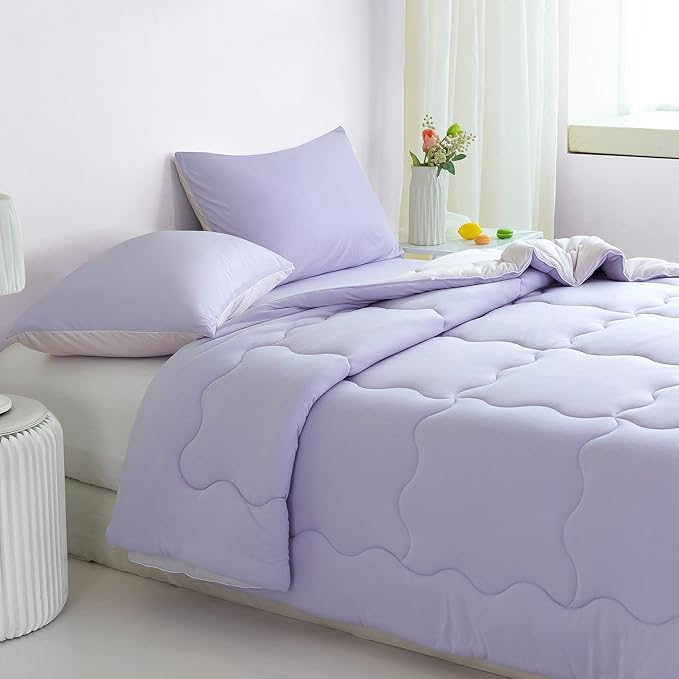 COTTEBED Reversible Ultra-Soft Light Pink and Purple Comforter Set Queen Full Size, Jersey Knit T-Shirt Feel Cute Fluffy Lightweight Bedding Down Blanket Quilt Pillowcase for Man Women Girl All Season
