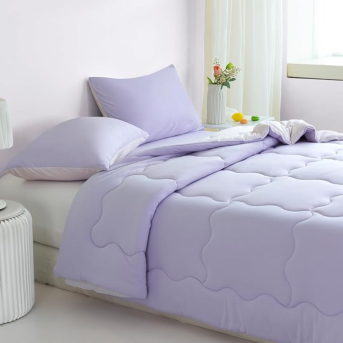 COTTEBED Reversible Softness Pink Purple Twin Comforters Sets for Girl Kids College Dorm, Cute Jersey Knit Lightweight Breathable Fluffy Cozy Comfy Bed Down Comforter Quilt for All Season Twin/Twin XL