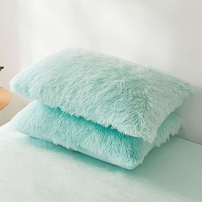 Fluffy mint green comforters Cover twin size - Ultra Soft Plush bedding Sets 2 Pieces (1 faux fur comforter Cover + 1 fuzzy pillow case) girls shaggy green twin bed set (Mint Green, Twin)