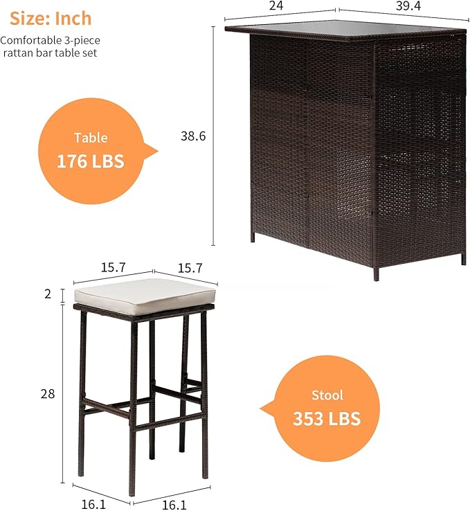 Wicker Patio Furniture 3 Piece Patio Set Chairs Wicker Outdoor Rattan Conversation Sets Bistro Set Coffee Table for Yard or Backyard