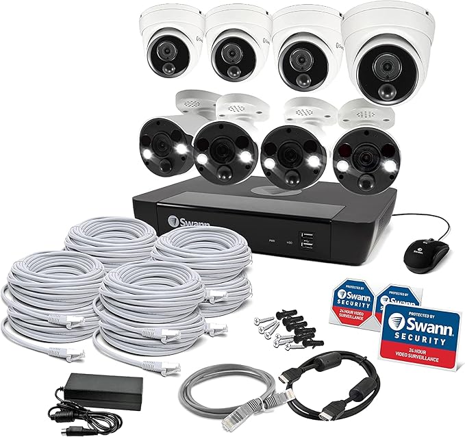 Swann Home Security Camera System with 2TB HDD, 8 Channel 8 Cam, POE Cat5e NVR 4K HD Video, Indoor or Outdoor Wired Surveillance CCTV, Color Night Vision, Heat Motion Detection, Dome Cams, 886808FB