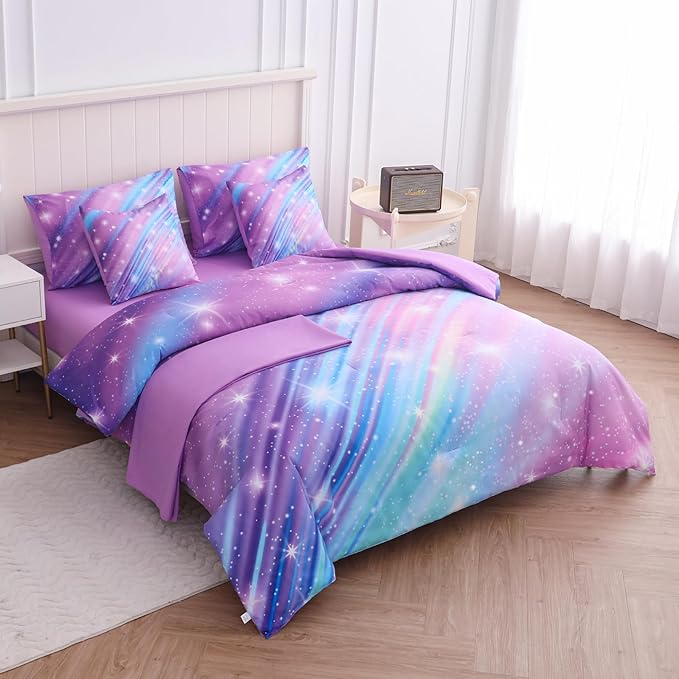 Twin Comforter Set for Girls Galaxy Bedding 7pieces, Ombre Bedding Comforter Sets Rainbow Comforter, Glitter Bedding Twin Teen Comforter Sets for Girls (Twill Rainbow)