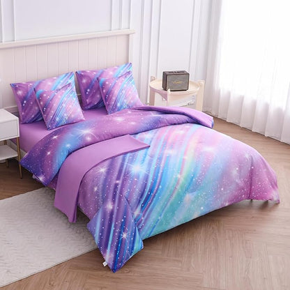 Full Size Bedding Sets Kids Bedding Sets for Girls,Galaxy Bedding 7pieces Glitter Pink Comforter Colorful Comforter Full Size Comforter Sets for Teen Girls(Twill Rainbow)