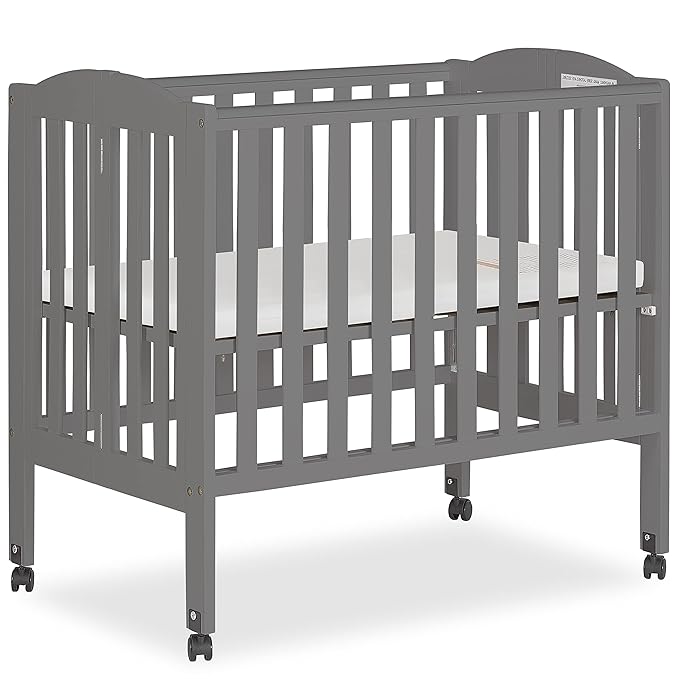 2-in-1 Portable Folding Stationary Side Crib in Storm Grey, Greenguard Gold Certified, Two Adjustable Mattress Height Positions,Made of Solid Pinewood, Flat Folding Crib